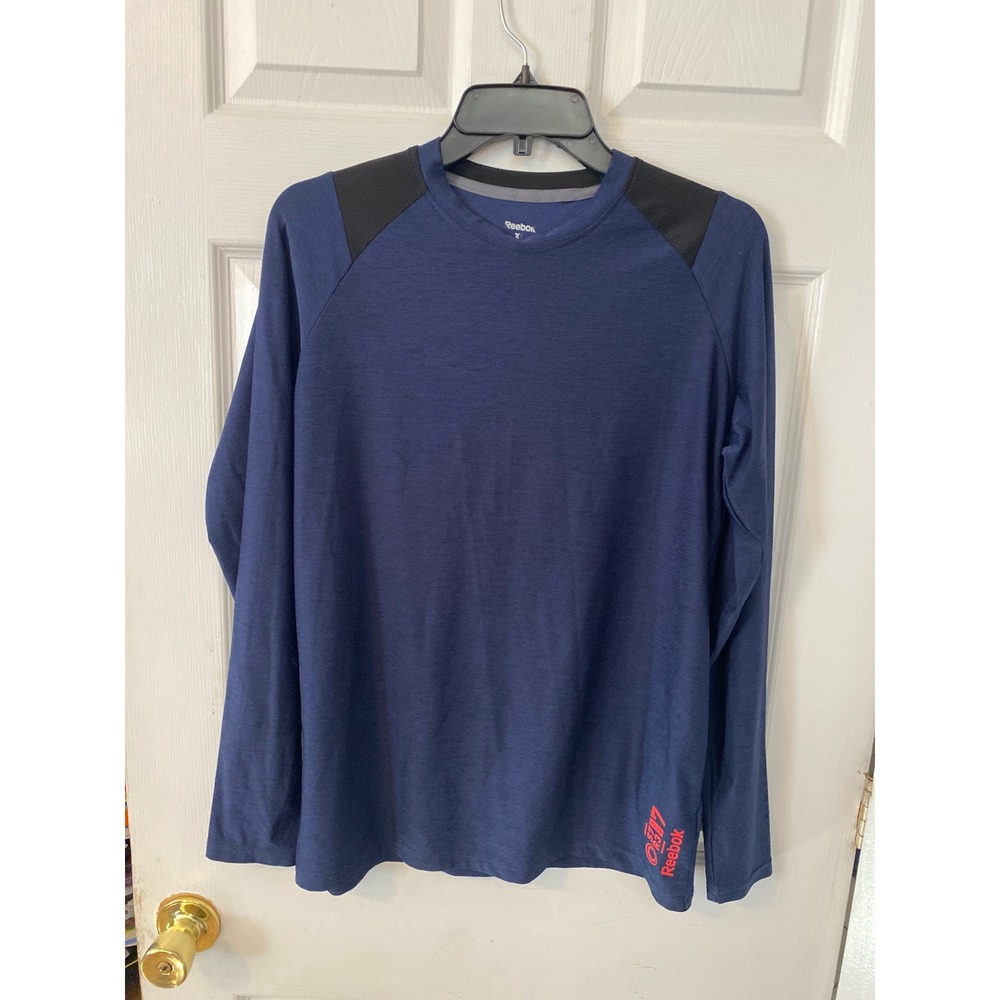 Reebok Boys XL 18-20 Long Sleeve Active Shirt Navy Blue Black Shoulder Panels